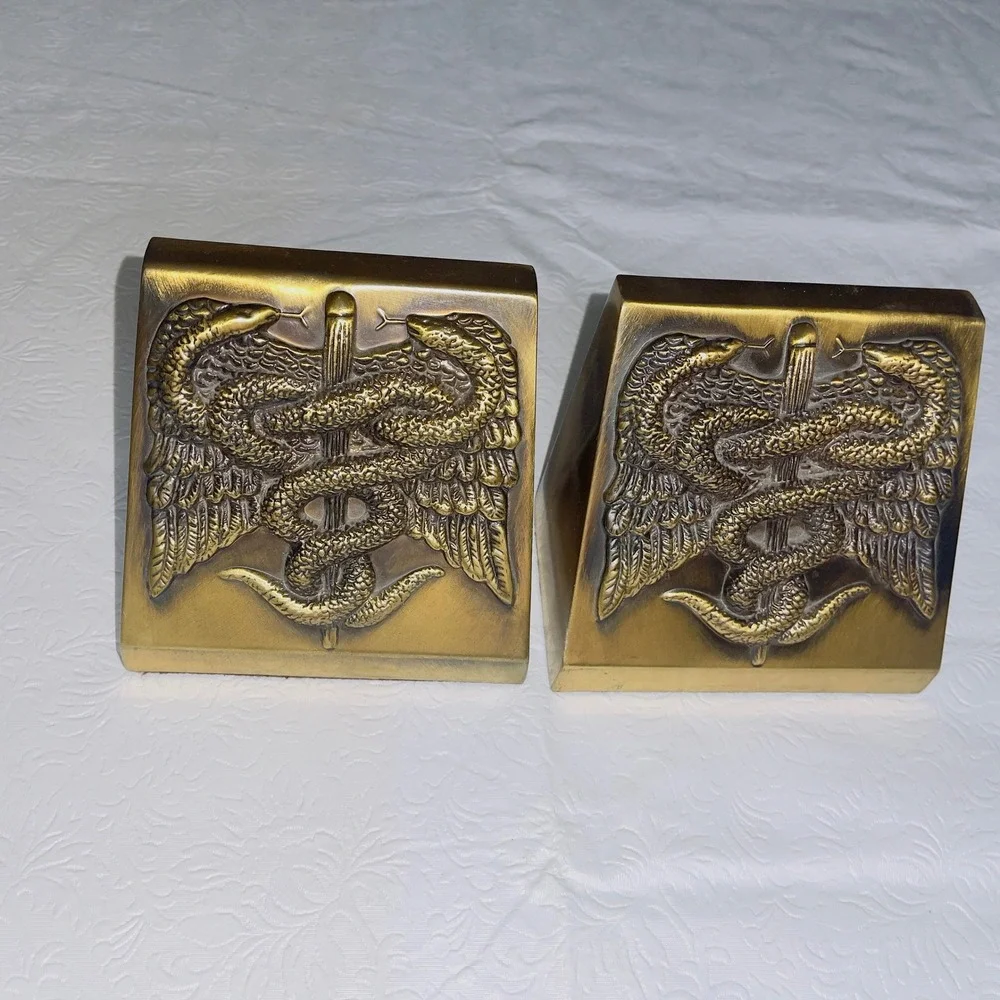 PM Craftsman Home Caduceus Medical Symbol OS Gold Brass Vintage Bookends
